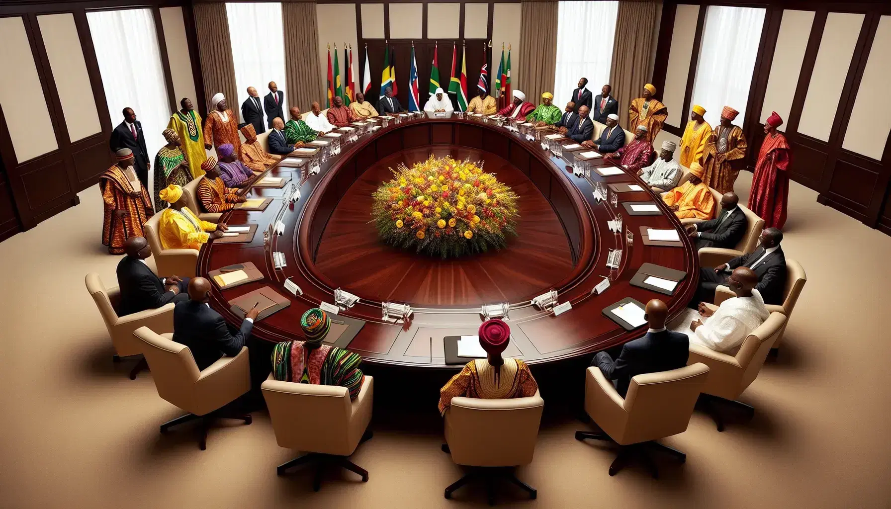 African leaders from South Africa, Ethiopia, Egypt, and Kenya engage in discussion around an oval mahogany table, adorned with a vibrant floral centerpiece.