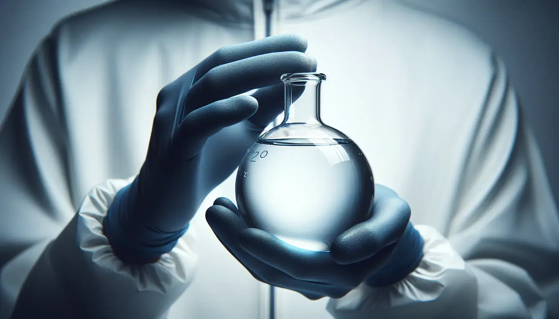 Hands in blue gloves carefully holding a clear glass flask with transparent liquid in a laboratory setting, against a white background.
