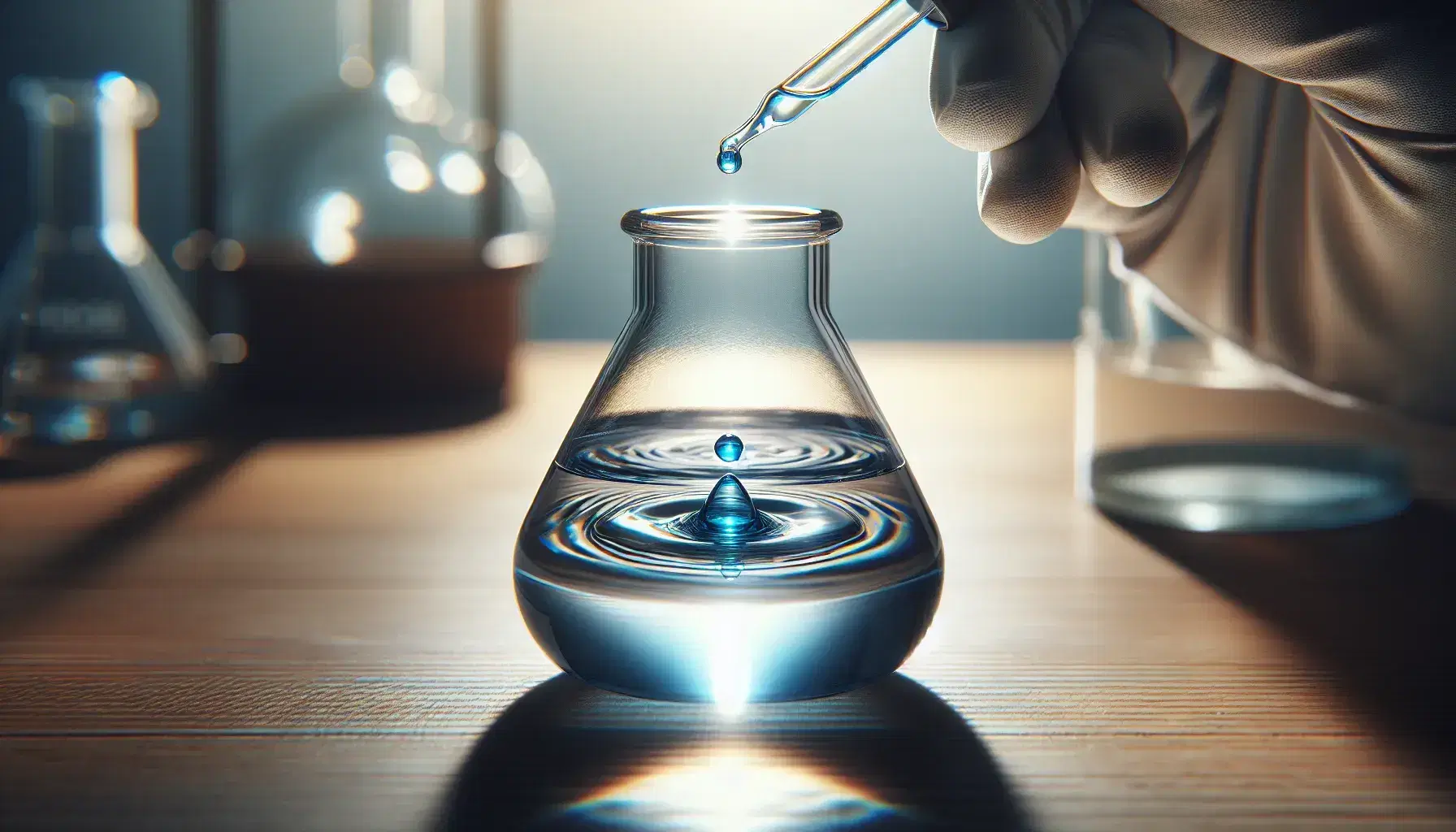 Glass vial on laboratory bench with blue drop falling from dropper held by hand in white glove, creating ripples in clear liquid.