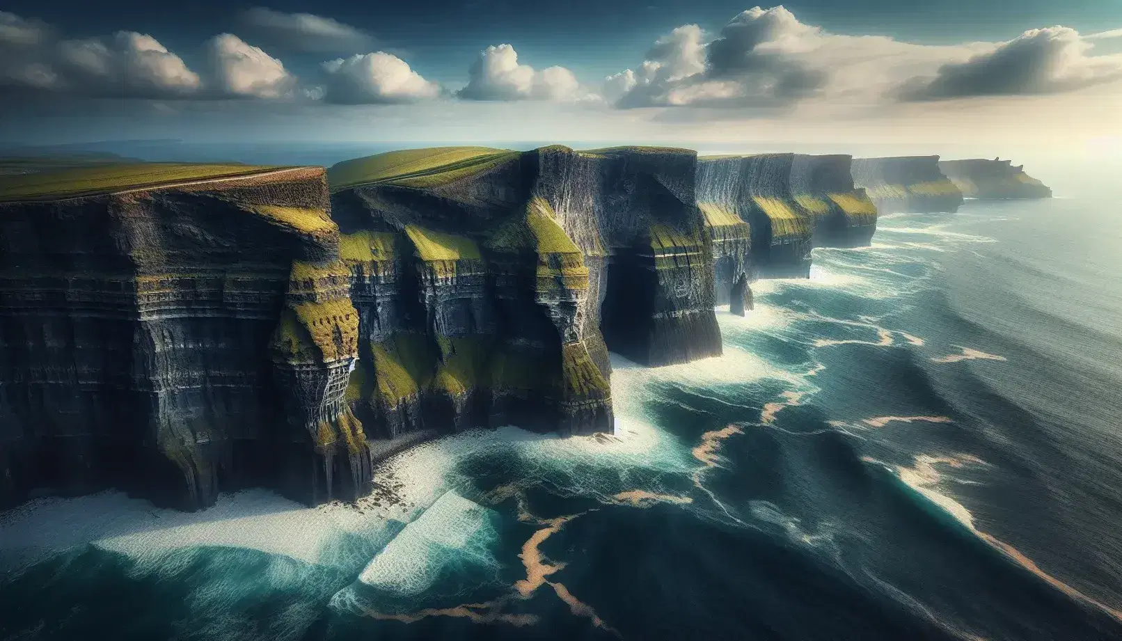 Vista panoramica delle Cliffs of Moher in Irlanda con scogliere verticali, erba verde e onde dell'Atlantico che si infrangono sotto.