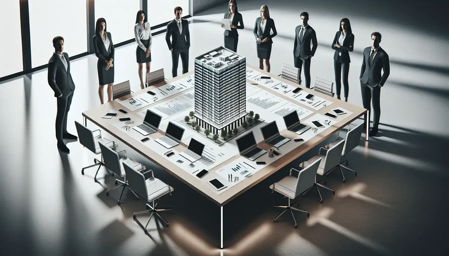 Grupo de profesionales en reunión alrededor de una mesa de conferencias con maqueta de edificio de oficinas, dispositivos electrónicos y papeles.