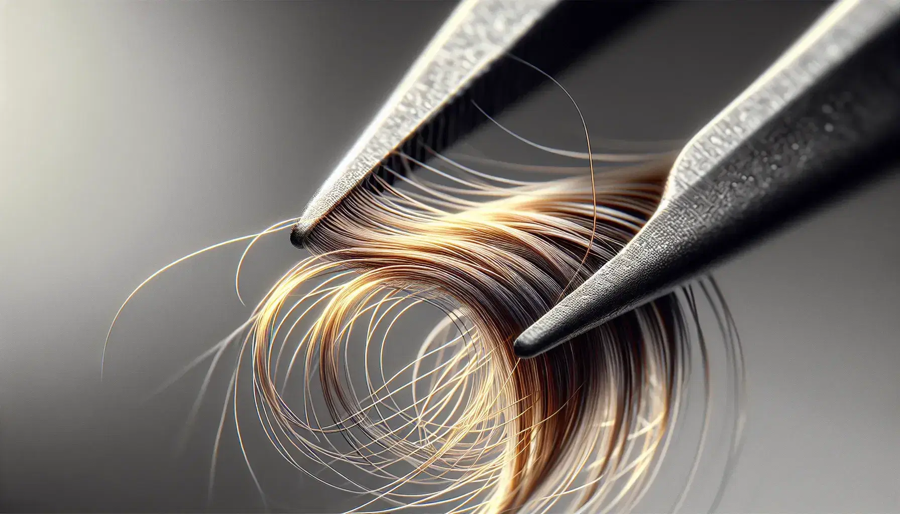 Mechón de cabello castaño claro sostenido por pinzas de punta fina, mostrando textura y reflejos dorados sobre fondo neutro desenfocado.