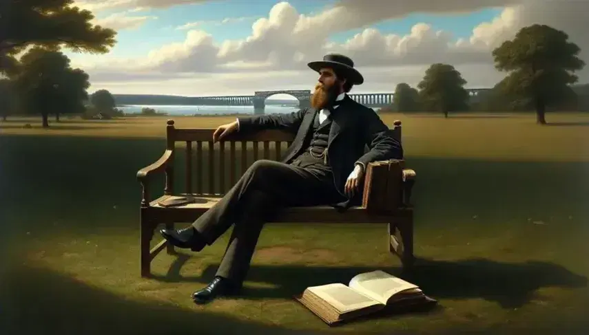 Uomo barbuto in abiti vittoriani seduto su panchina in legno, contempla l'orizzonte su prato verde con libro aperto, ponte sullo sfondo.