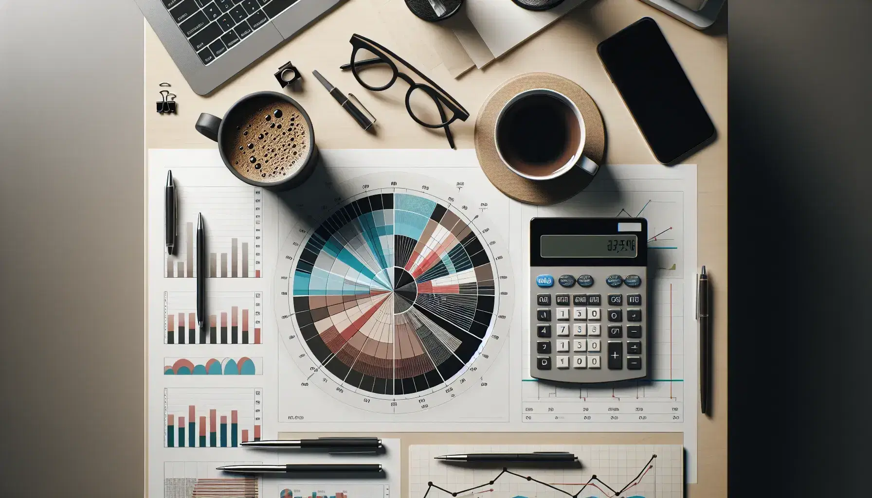 Vista aérea de un escritorio de trabajo con diagrama circular, calculadora moderna, gráficos impresos, taza de café, gafas y smartphone, en un ambiente sereno.