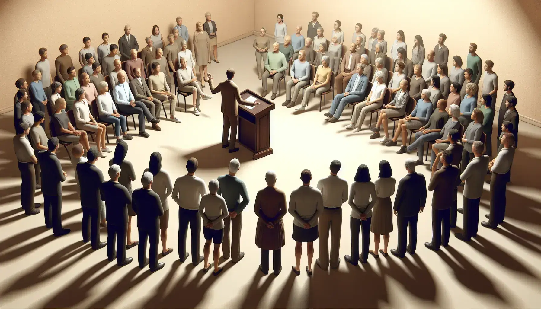 Grupo diverso de personas en semicírculo escuchando a orador en podio de madera en sala iluminada naturalmente sin distracciones visuales.