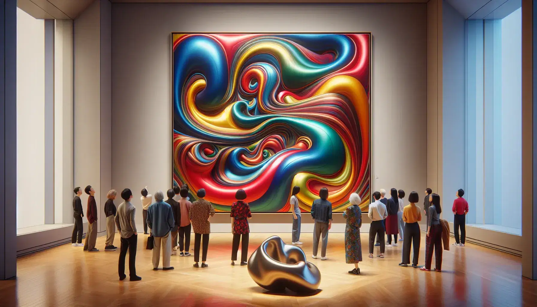 Grupo diverso observando pintura abstracta colorida en museo de arte contemporáneo, con escultura de bronce en primer plano y suave iluminación.