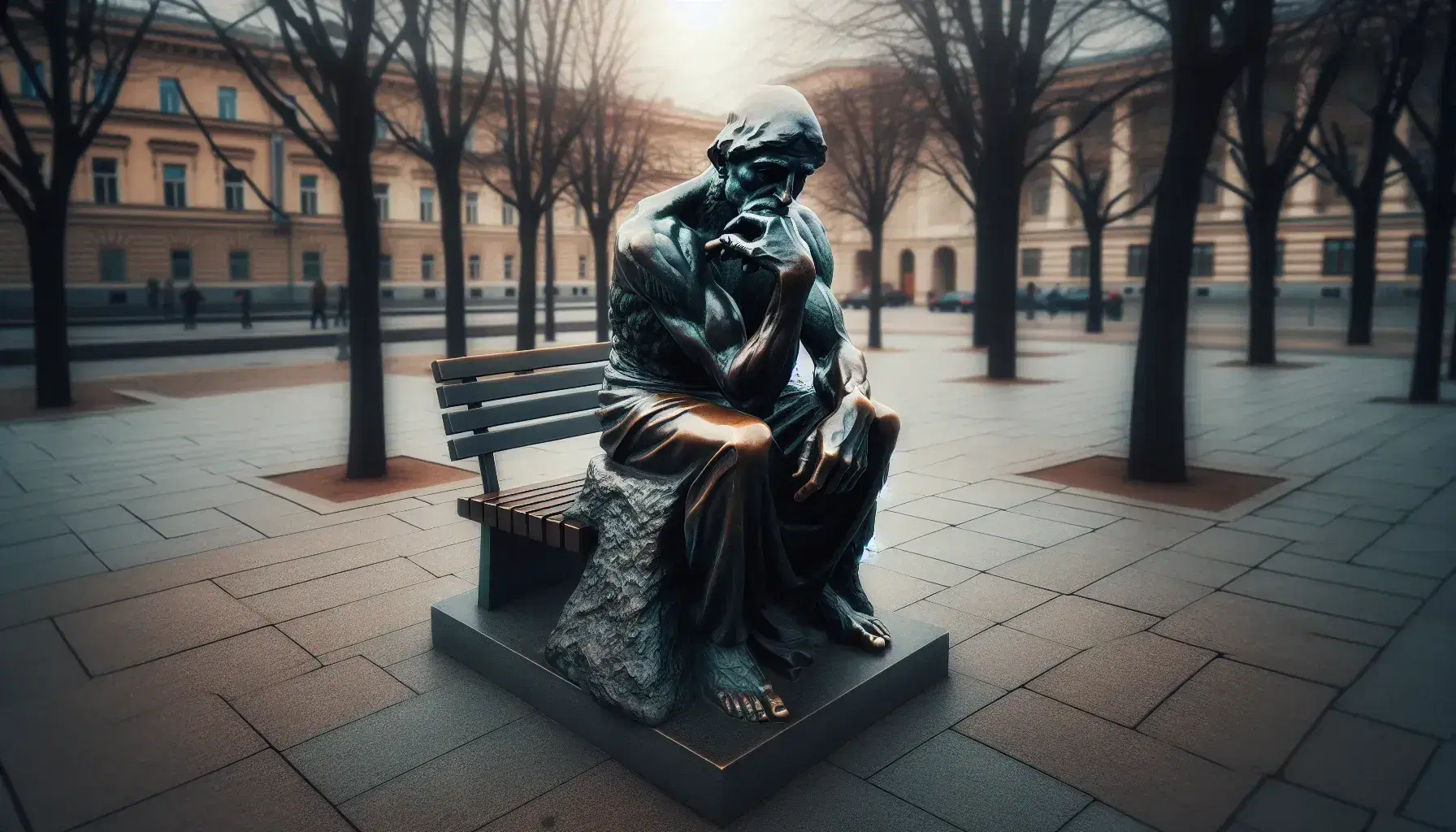 Statua in bronzo di filosofo pensieroso seduto su panchina in ambiente urbano con alberi spogli e cielo coperto.