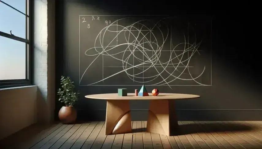 Pizarra con trazos de tiza y mesa con figuras geométricas en 3D junto a planta en maceta, ambiente de estudio.