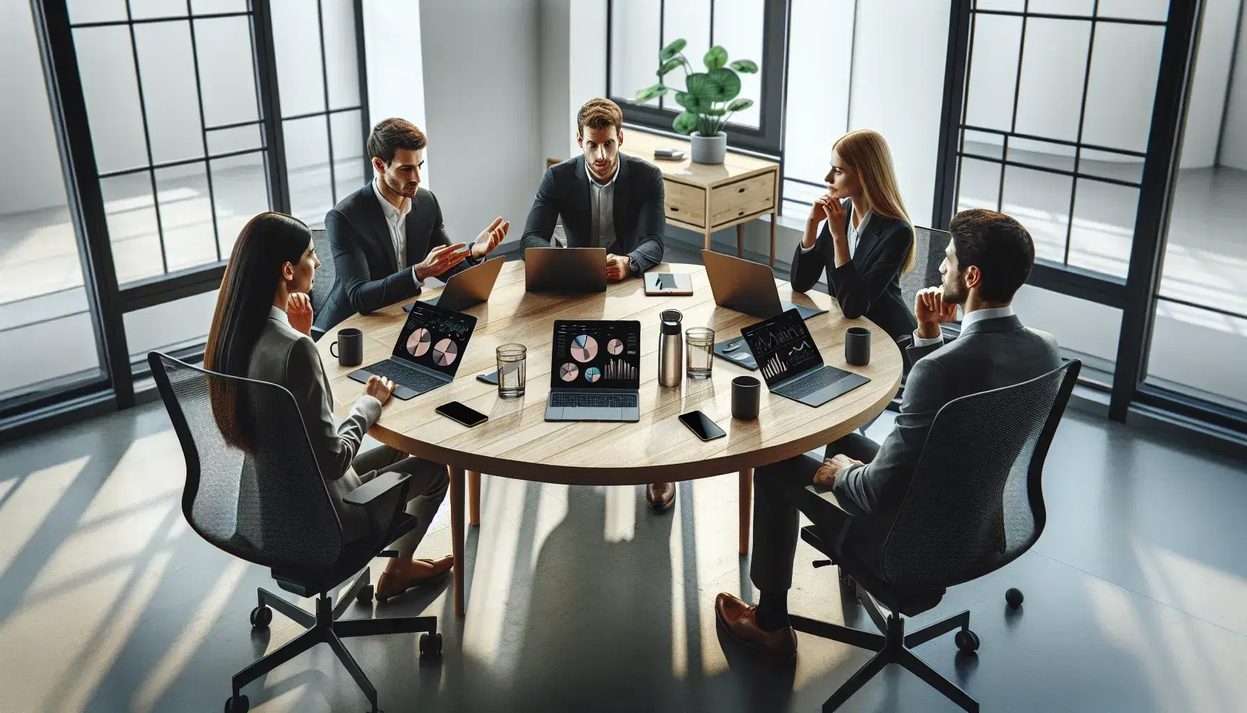 Grupo de cinco profesionales en reunión de trabajo alrededor de una mesa redonda con dispositivos electrónicos, discutiendo activamente con gráficos en un portátil.