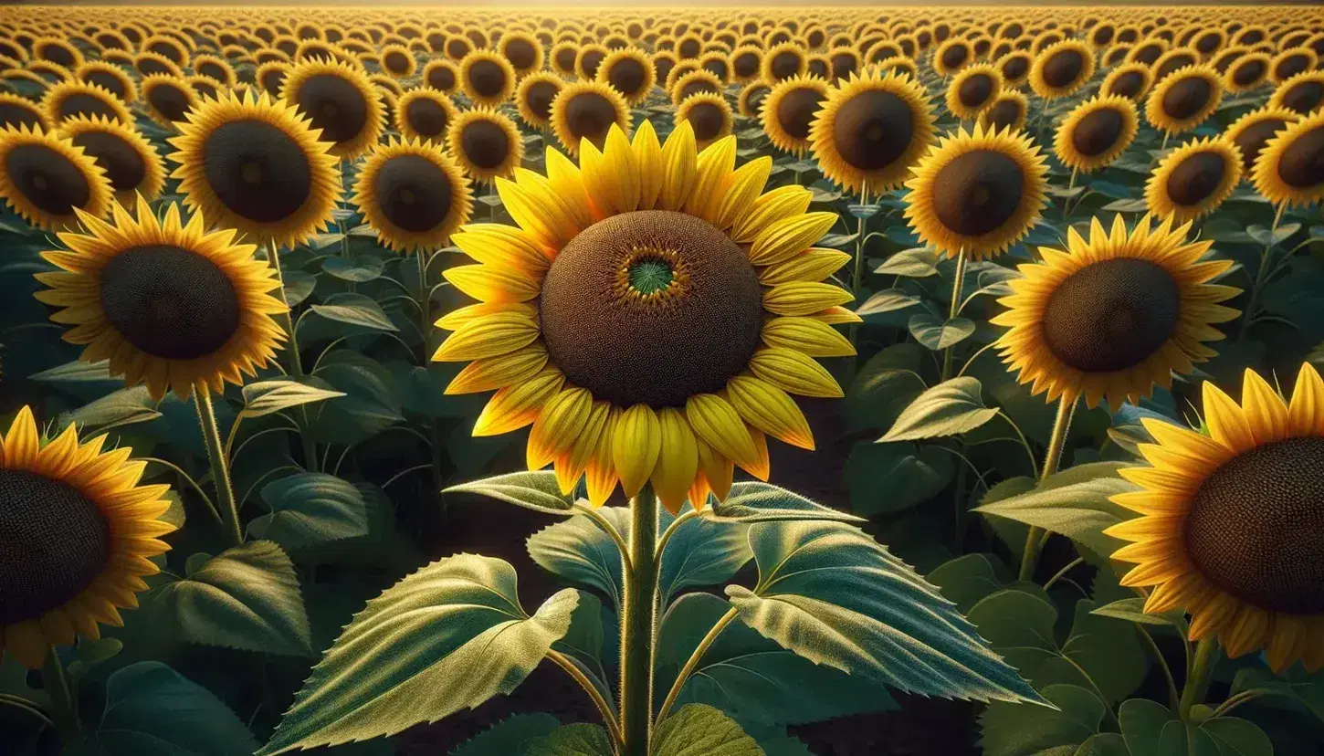 Field of sunflowers in full bloom with a sunflower in the foreground with bright yellow petals and dark brown center, cloudless blue sky.