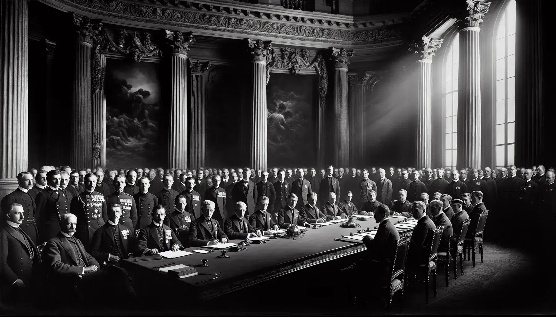 Delegati in abiti formali firmano il Trattato di Versailles del 1919, seduti attorno a un tavolo ovale nel Palazzo di Versailles.