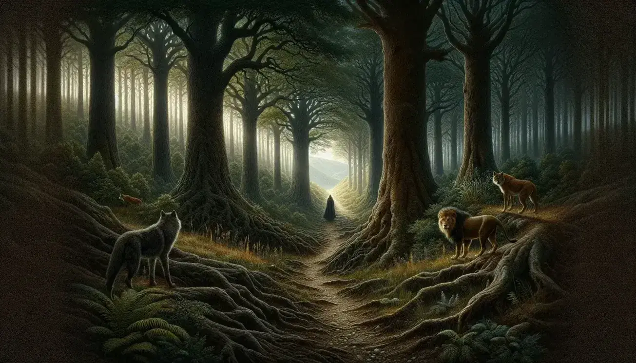 Foresta intricata con sentiero, raggi di luce filtrano tra alberi, figura umana in abiti medievali cammina, animali selvatici e figura in toga osserva.
