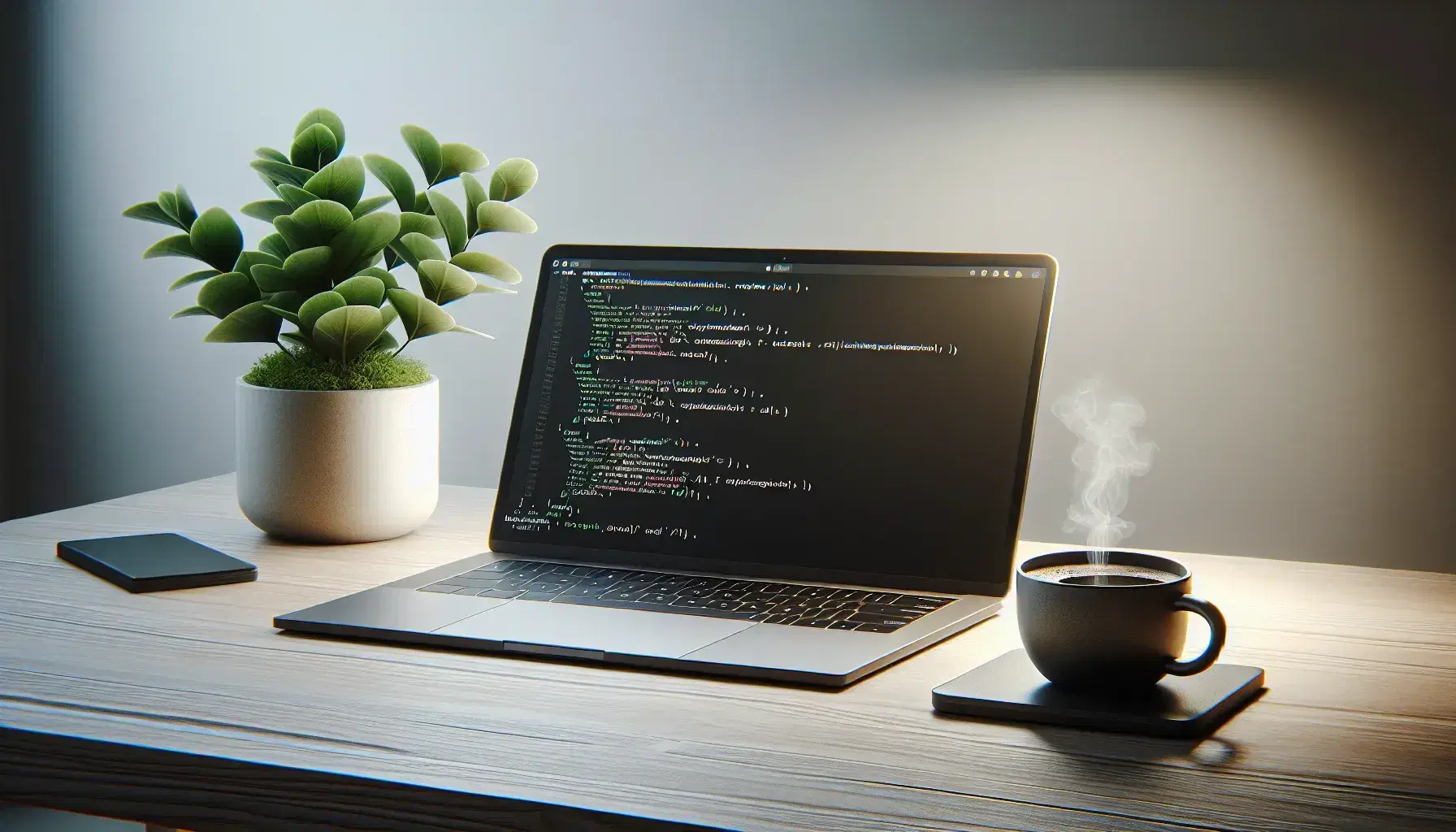 Minimalist workspace with silver laptop, green plant and black coffee on light wooden desk, blurred white background for JavaScript coding.