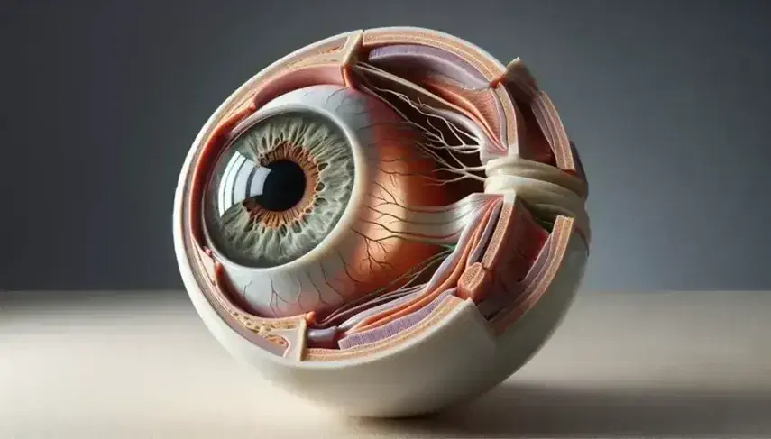 Modello anatomico dettagliato del bulbo oculare umano sezionato che mostra strutture interne come iris, cornea, lente, retina e nervo ottico.