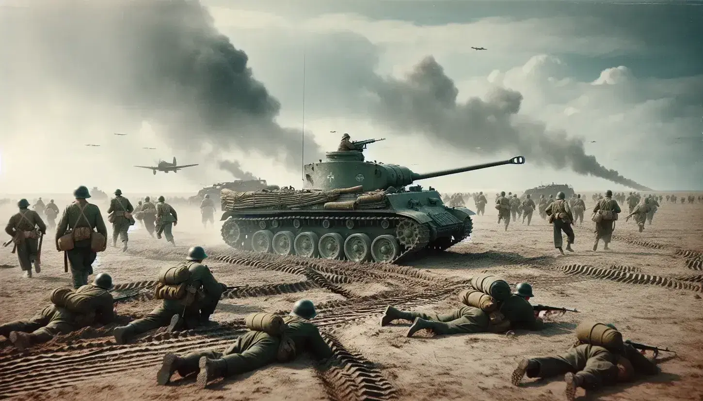 Carro armato in battaglia della Seconda Guerra Mondiale con soldati in avanzata sotto cielo azzurro e esplosioni in lontananza.