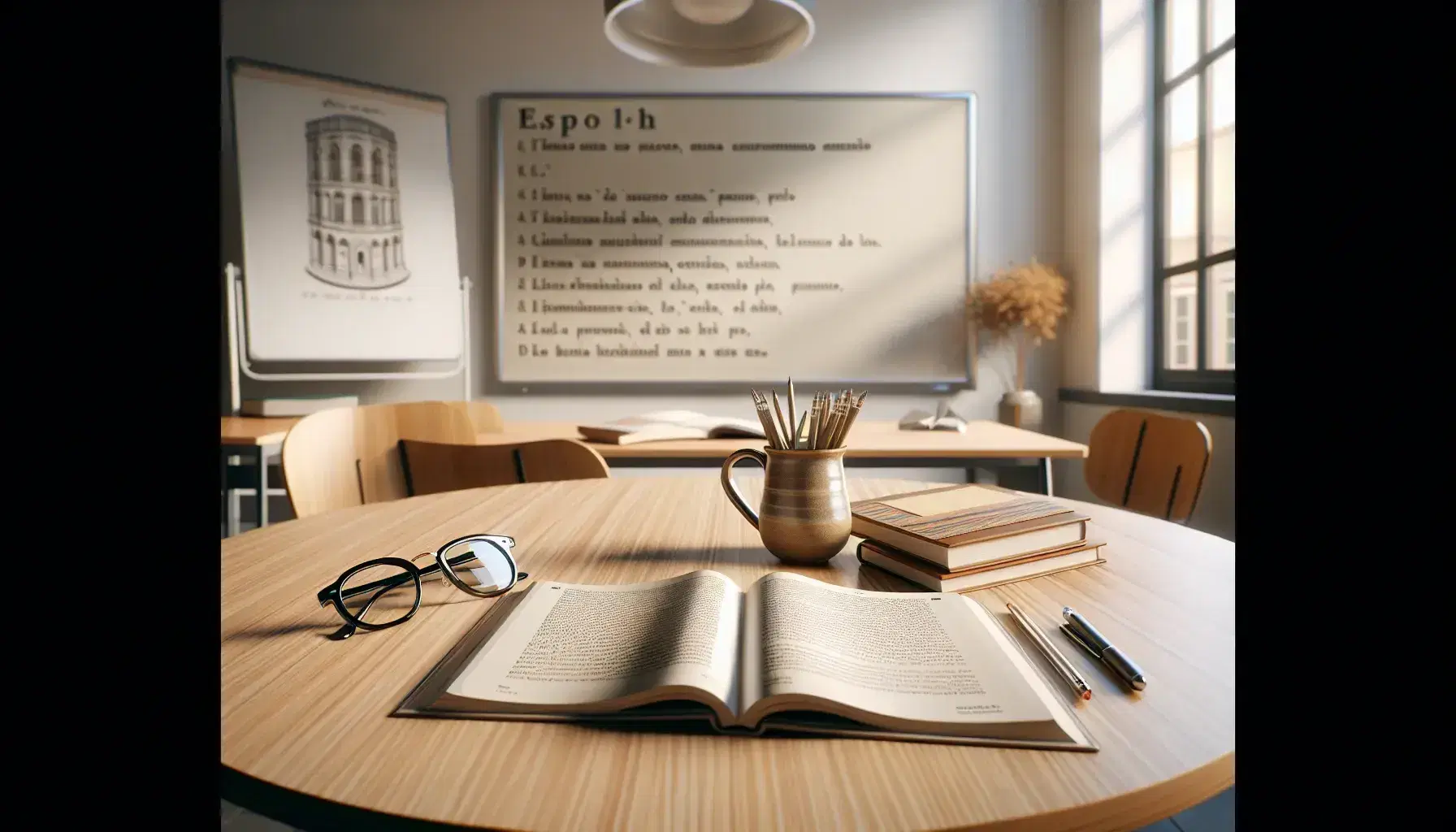 Spanish language classroom with an open textbook on a round wooden table, black-framed eyeglasses, a blank whiteboard, and sunlight streaming through a window.