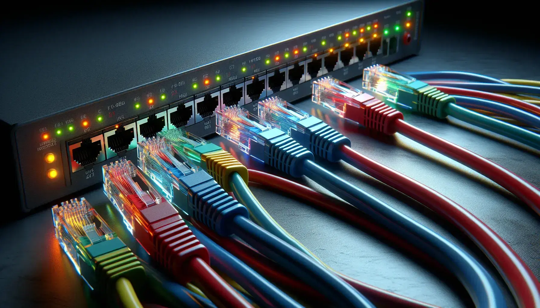 Cables de red de colores entrelazados con conectores RJ45 conectados a un switch con luces LED indicadoras de actividad.