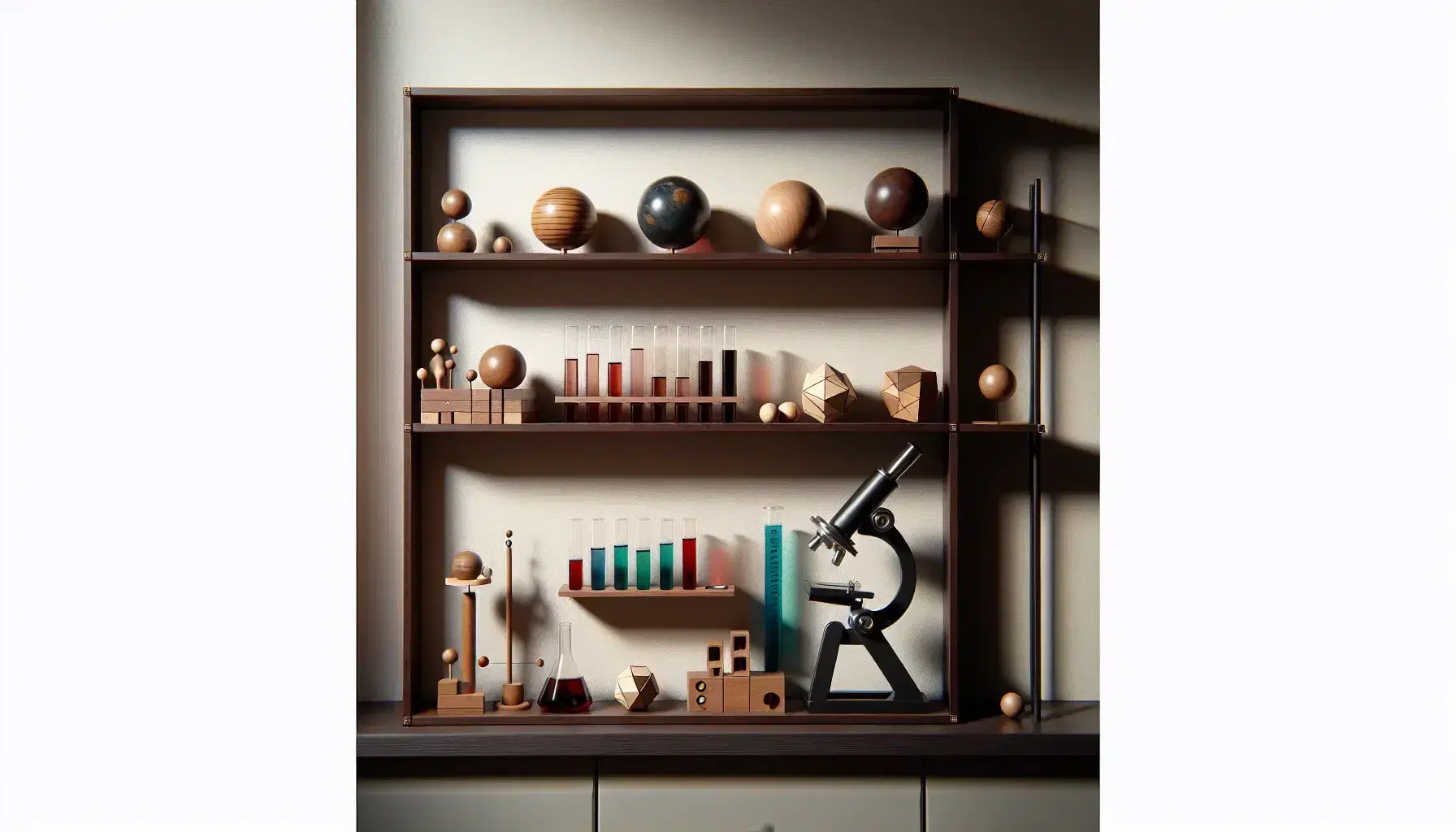 Estante de madera con esferas que simulan planetas, telescopio, figuras geométricas de madera y tubos de ensayo con líquidos de colores junto a un microscopio.