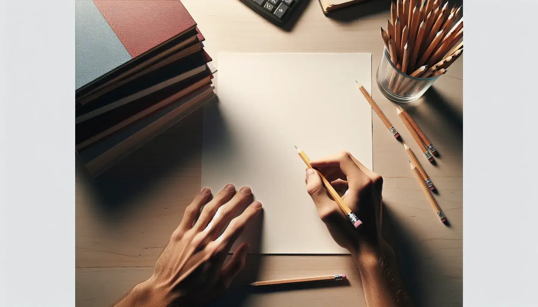 Hands of a person on a desk with pencil ready to write on white sheet, glasses with pens and blurred books in the background.