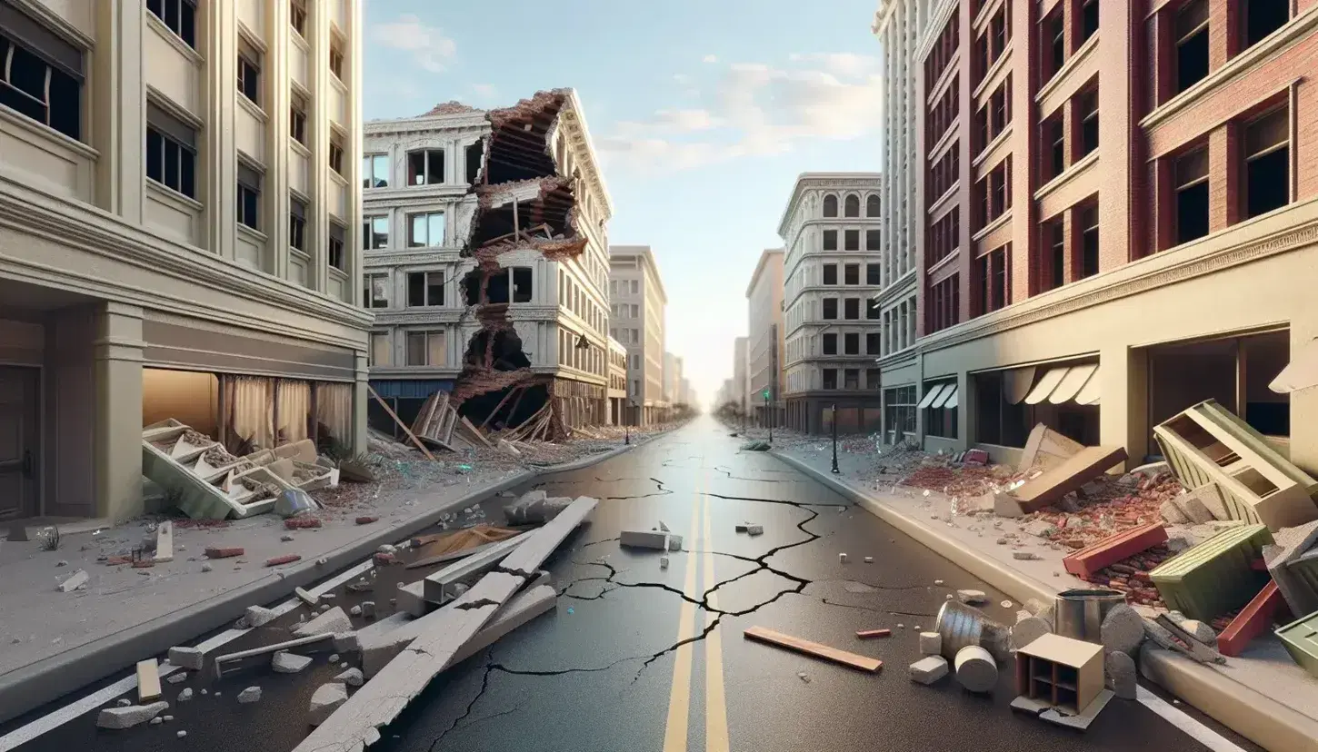 Paesaggio urbano post-terremoto con strada crepata, edifici danneggiati, detriti e arredo urbano distrutto, sotto un cielo sereno.