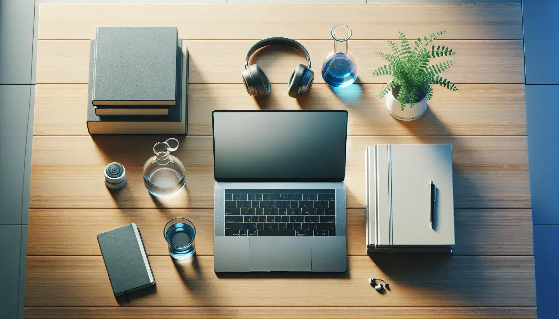Organized desk with open laptop, black headphones, stacked blue books, beaker with blue liquid and green plant, natural lighting.