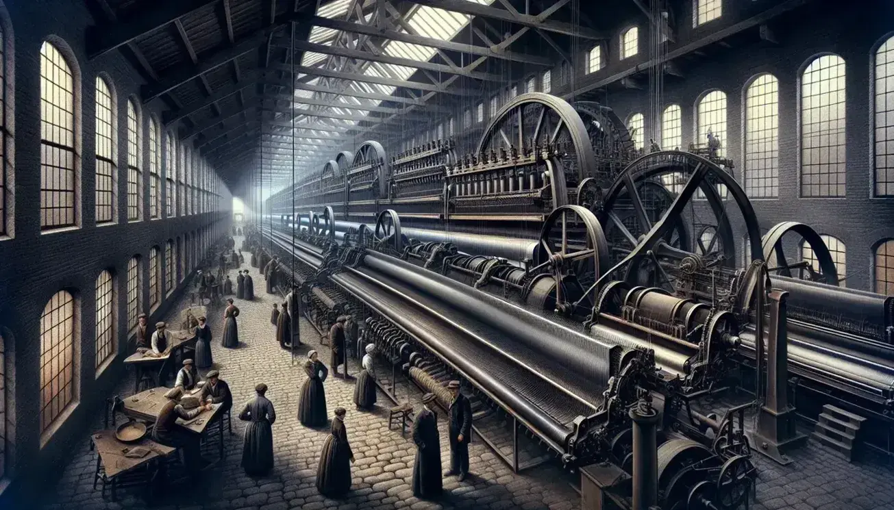 Escena de una fábrica textil de la Revolución Industrial con máquinas de tejer de hierro, operarios trabajando y una rueda de agua como fuente de energía.