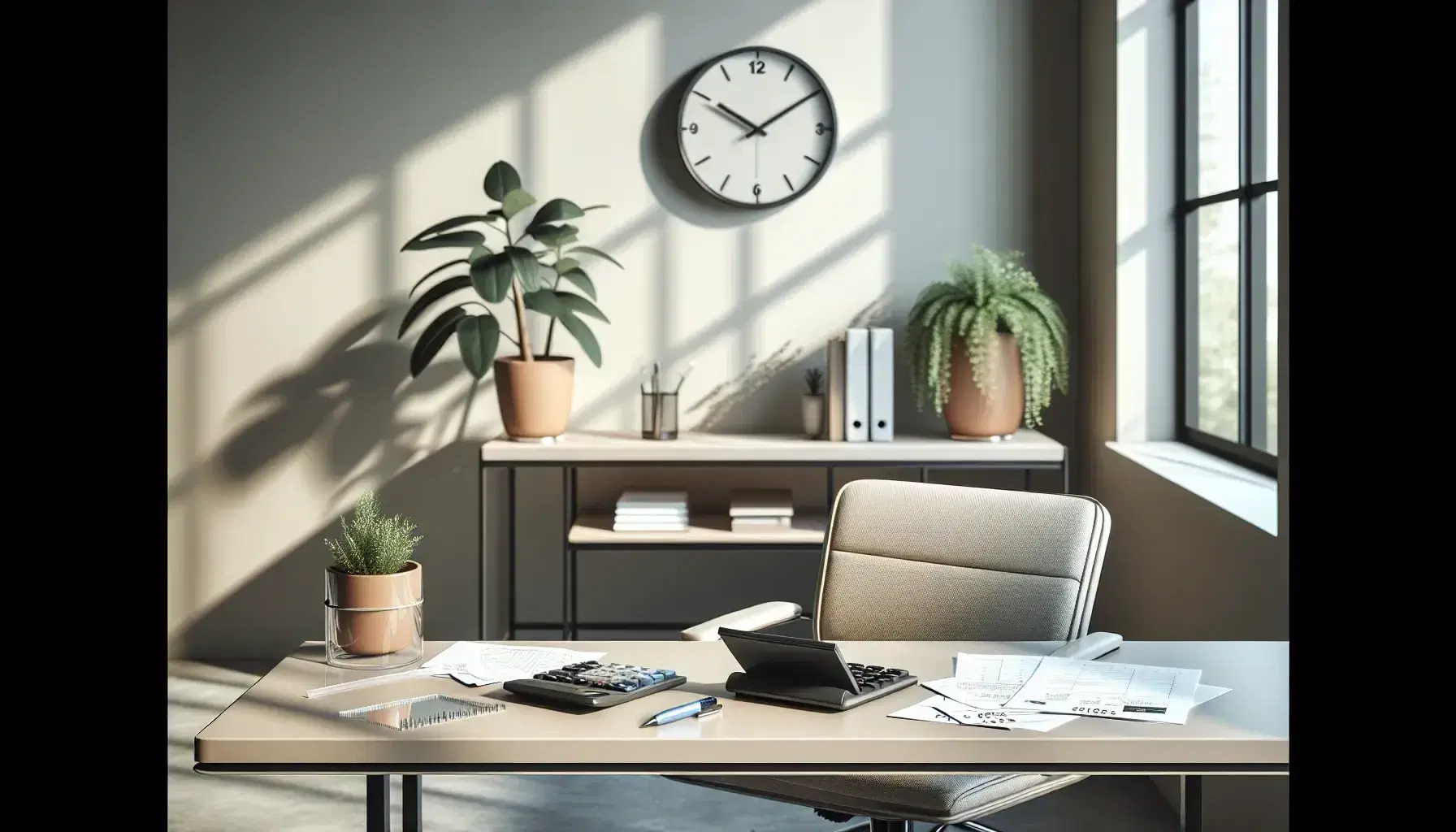 Oficina moderna y luminosa con escritorio, calculadora, papeles y silla ergonómica, junto a planta interior y reloj de pared.