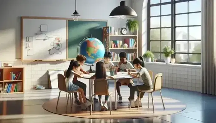 Aula escolar colorida con estudiantes de diversas etnias colaborando en un proyecto alrededor de una mesa con papeles y lápices de colores, bajo luz natural.