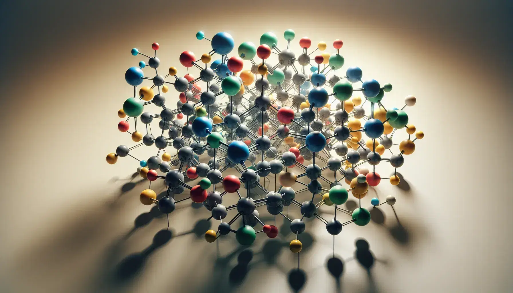 Modello molecolare tridimensionale con sfere colorate connesse da bastoncini che rappresentano legami chimici su sfondo neutro.