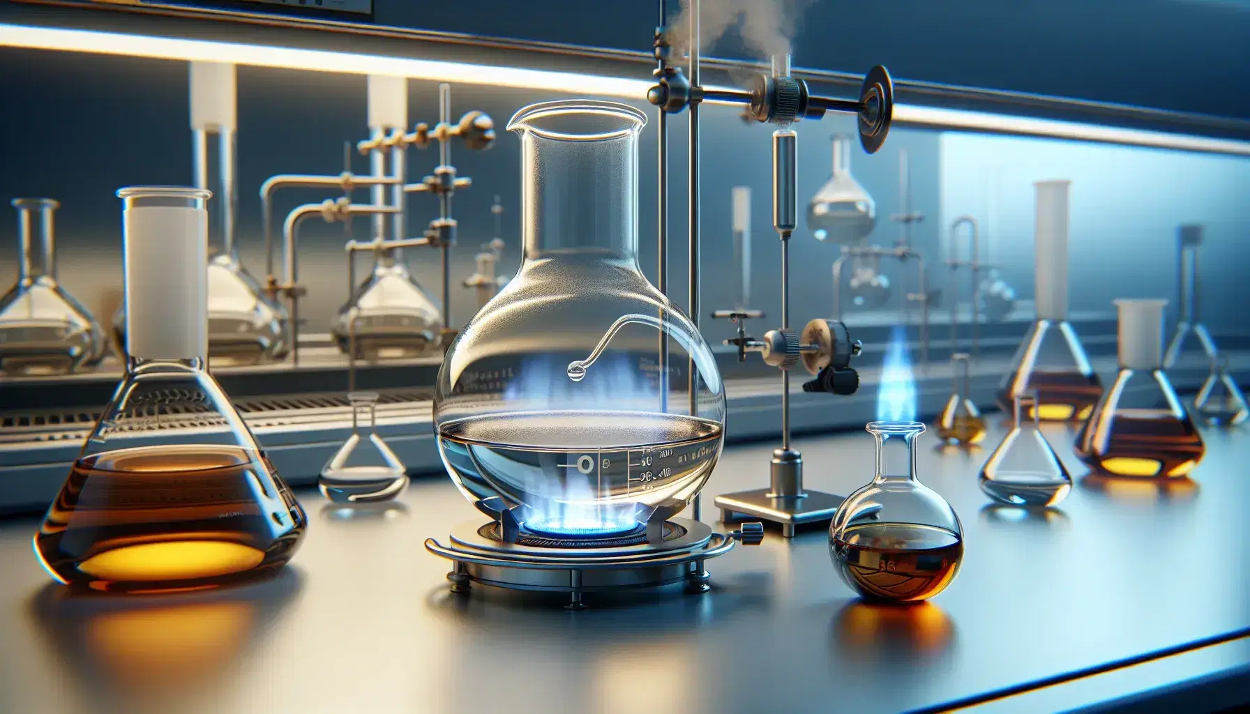 Glass flask on metal stand over Bunsen burner flame in laboratory, with boiling transparent liquid and container with amber liquid.