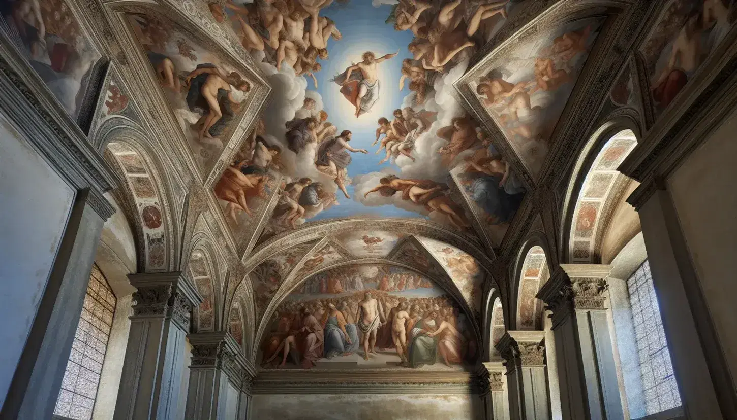Affresco del Giudizio Universale in cappella antica con figure umane in cielo azzurro tra colonne grigie.