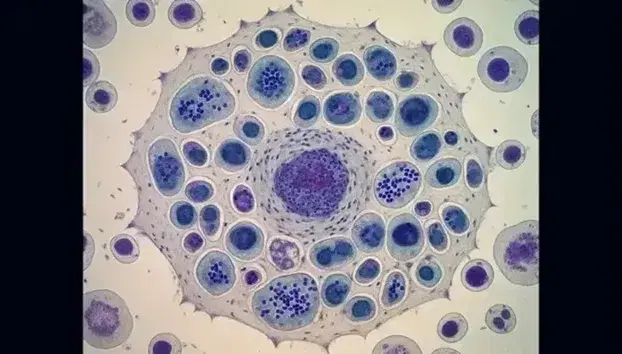 Célula grande con núcleo oscuro y citoplasma claro rodeada de células menores en división y citocinesis bajo microscopio óptico, con tinciones típicas en azul y rosa.