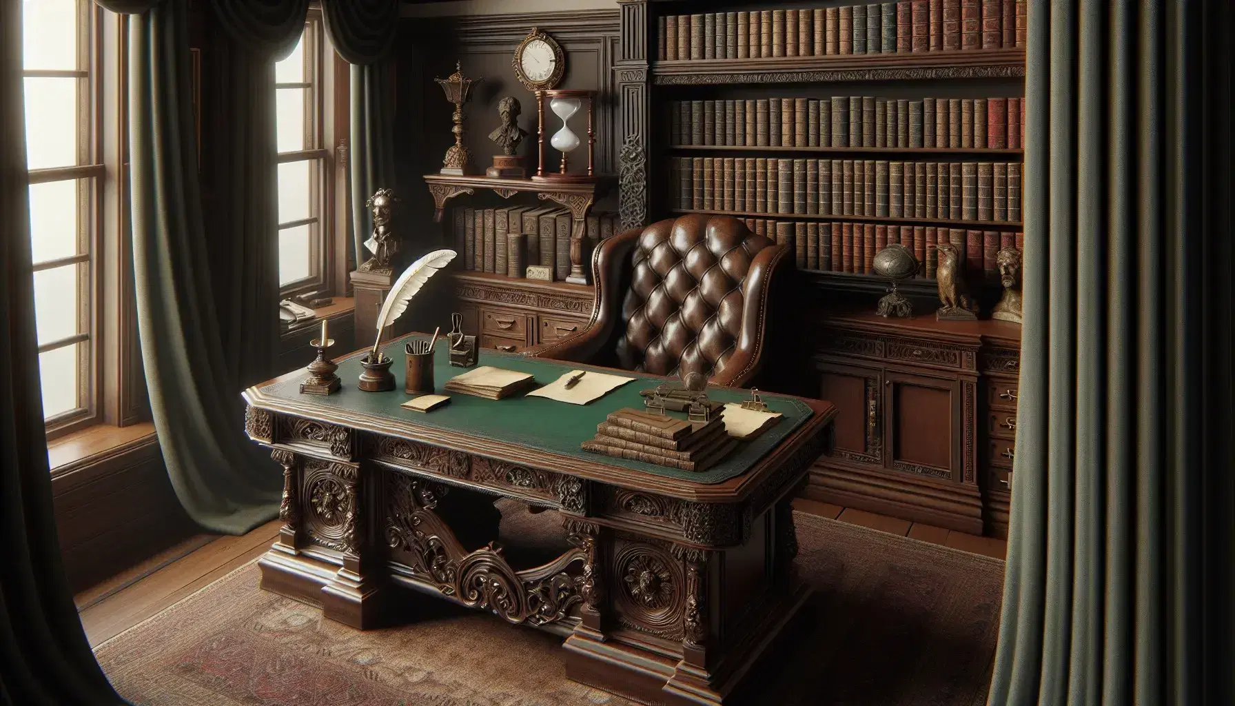 Victorian study room with ornate wooden desk, leather chair, bookshelf with leather-bound books, bay window with velvet drapes, and brass chandelier.