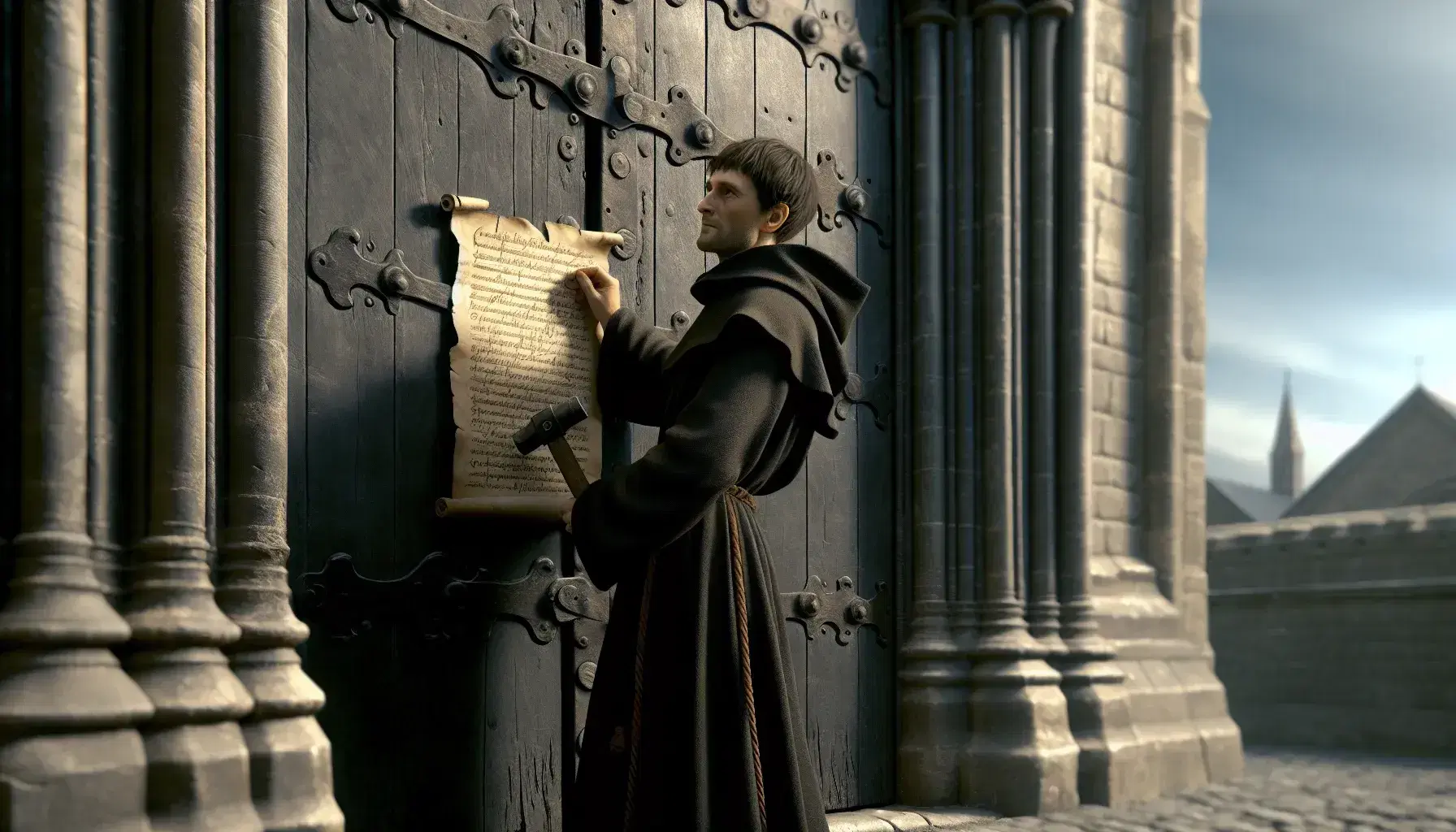 Rappresentazione artistica di un monaco del XVI secolo che inchioda un documento su una porta di legno scuro in stile gotico.