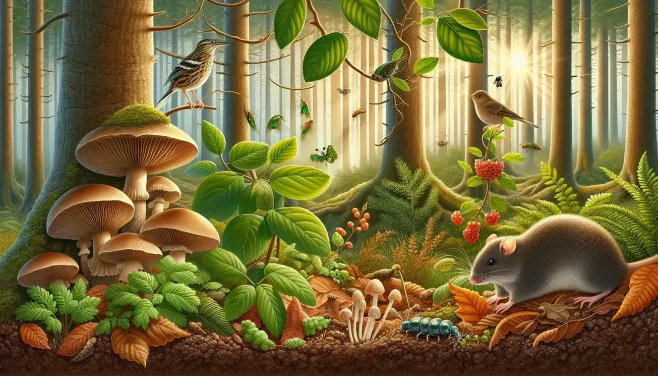 Cadena alimentaria en bosque con suelo marrón, hojas caídas, hongos, roedor gris, arbusto verde con bayas rojas, insecto verde y ave marrón en rama, con árboles al fondo y luz solar filtrada.