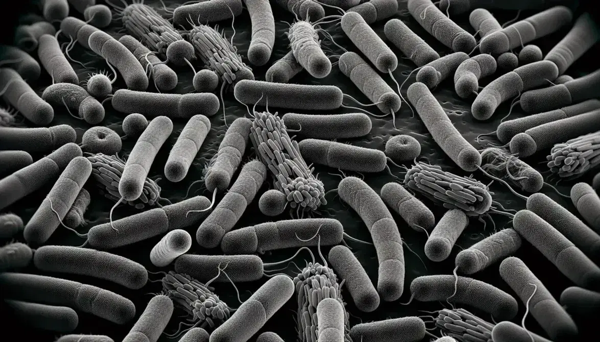 Células bacterianas bacilos bajo microscopio electrónico con flagelos visibles, sin núcleos definidos, en tonos grises y negros.