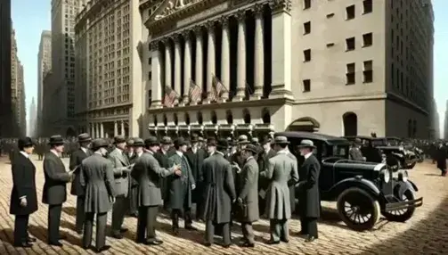 Animated Wall Street scene in the 1920s with men in vintage suits and dark hats arguing in front of neoclassical building, vintage cars on the right.