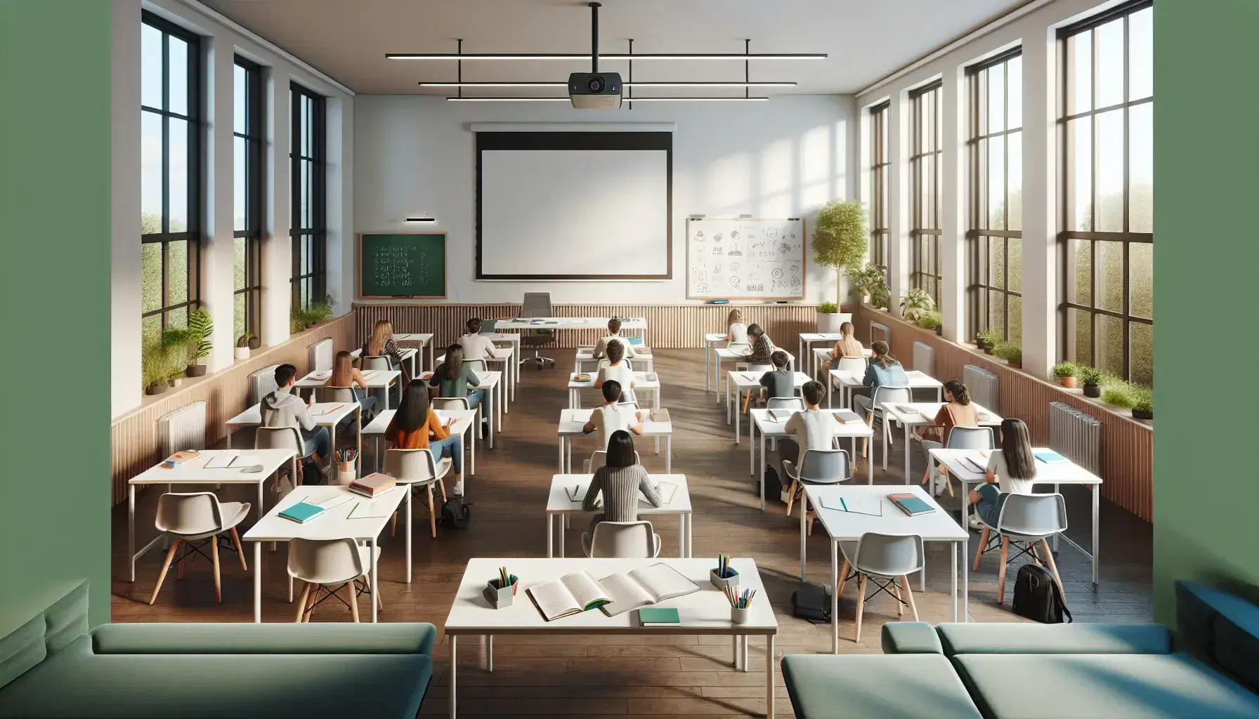 Aula espaciosa y luminosa con mesas en forma de 'U', estudiantes sentados, pizarra blanca al frente, proyector apagado y plantas verdes decorativas.