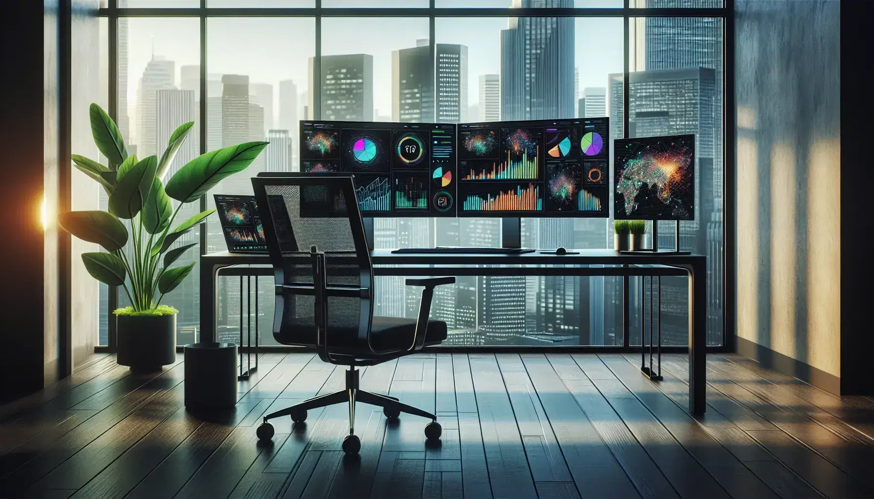 Modern office environment with black desk and two monitors showing colorful graphs, green plant and city view from the large window.