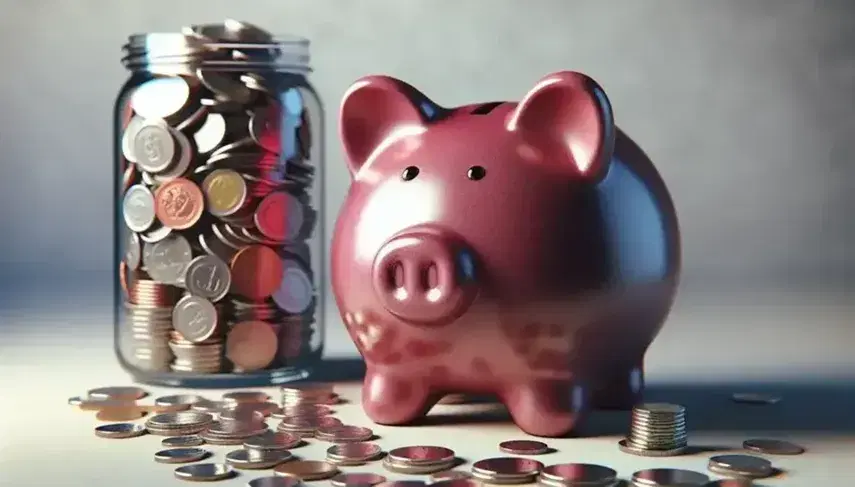 Close-up view of a ceramic pink piggy bank with a coin slot, beside a stack of various international coins and a blurred jar of coins in the background.