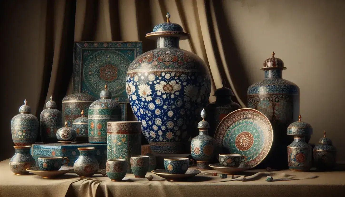 Mughal ceramics collection featuring a cobalt blue vase with floral patterns, a turquoise scalloped plate, and a green jar with a domed lid.