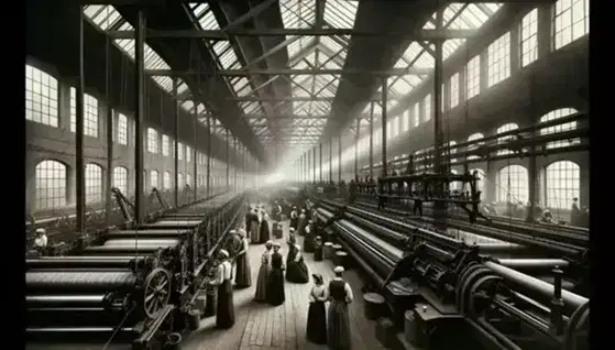 Escena de una fábrica textil de la Revolución Industrial con operarios entre maquinaria de tejido, luz natural filtrándose y vigas de madera en el techo.
