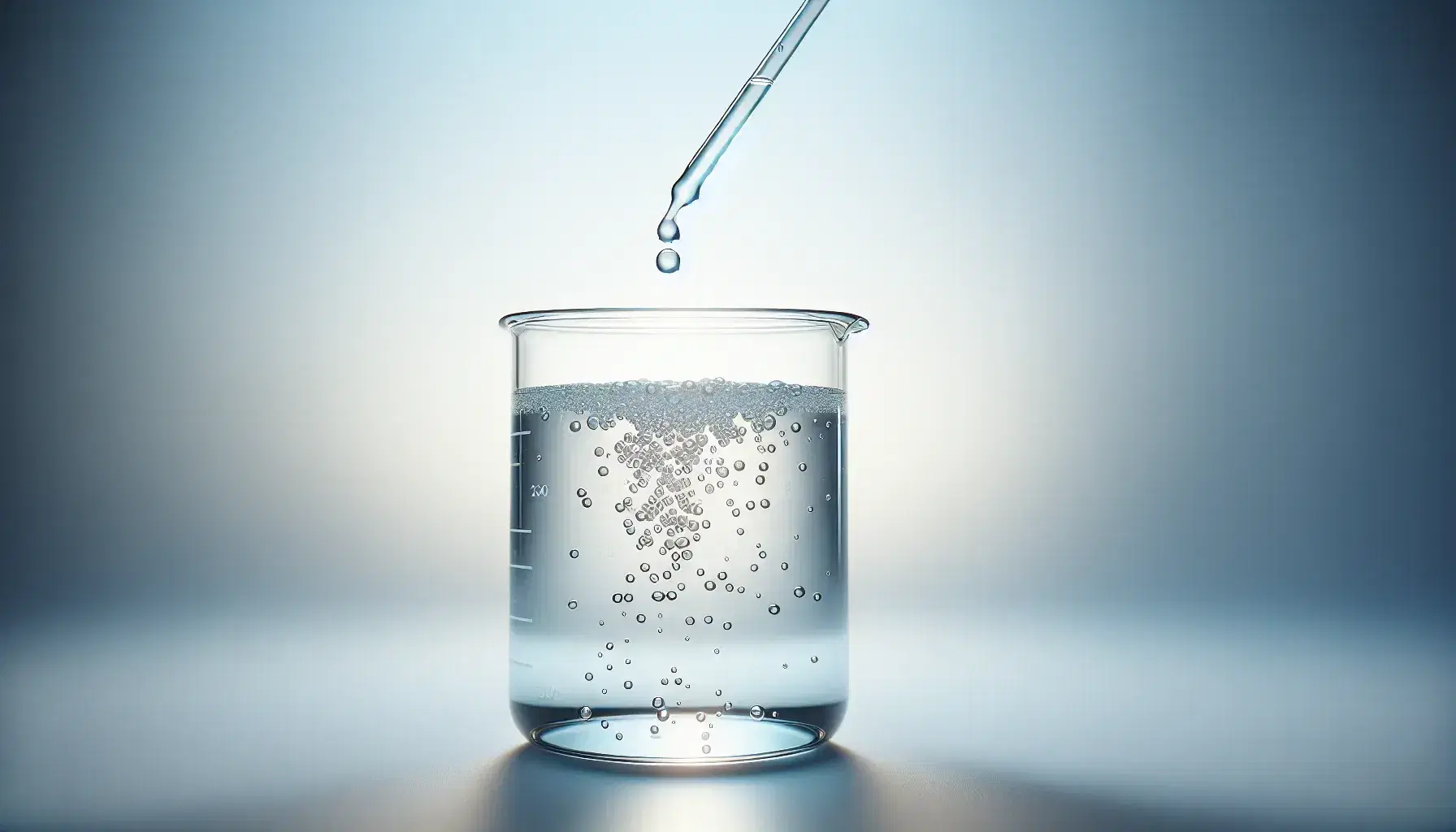 Transparent glass beaker with colorless liquid and bubbles, dropper releases a drop that generates ripples, light blue-white gradient background.