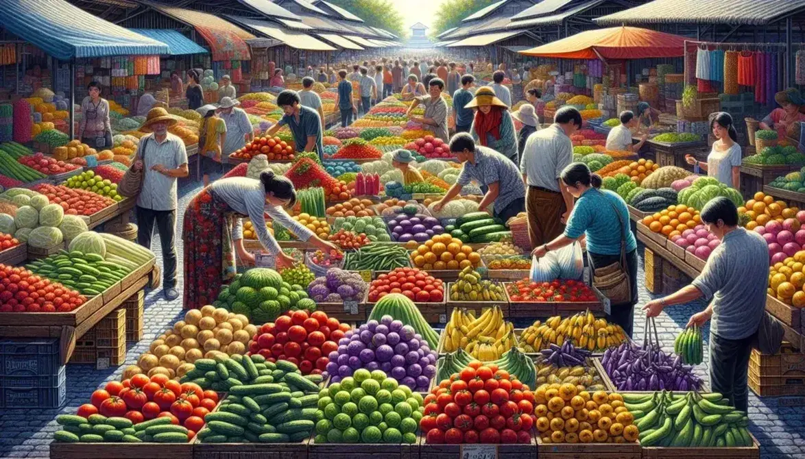 Vibrant outdoor market with fresh produce on wooden stalls, shoppers examining goods, and assorted stalls in the sunny background.