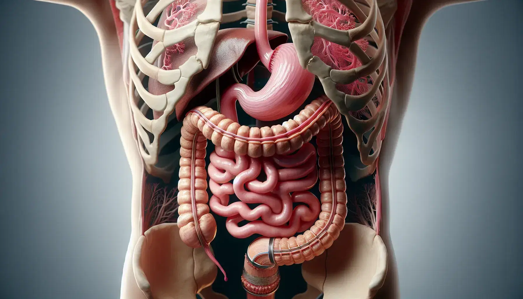 Cross-section view of the human digestive system, with esophagus, stomach, intestines, liver, gallbladder and pancreas visible.