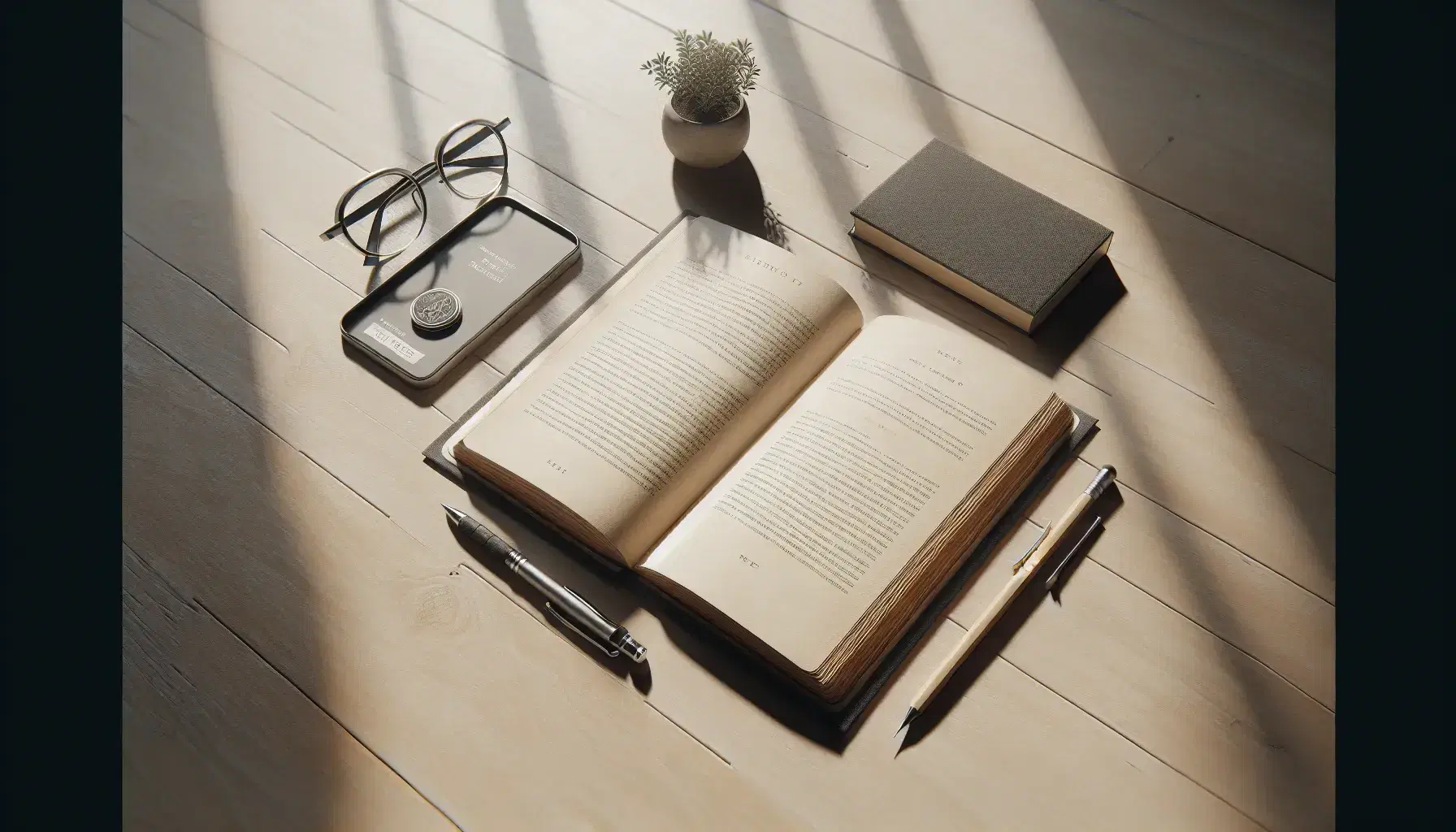 Escritorio de madera pulida con libro abierto, bolígrafo negro, papel en blanco, lápiz y gafas de montura negra, junto a planta verde en maceta blanca.