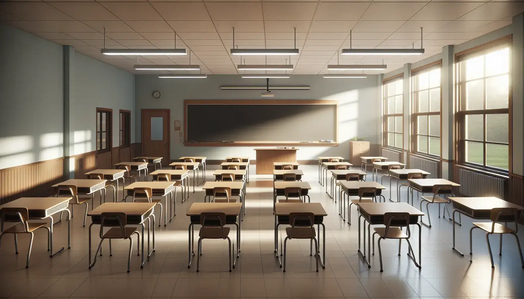 Aula escolar vacía y luminosa con pupitres de madera, pizarra negra grande y ventanas altas que dejan entrar luz natural y muestran árboles desenfocados.