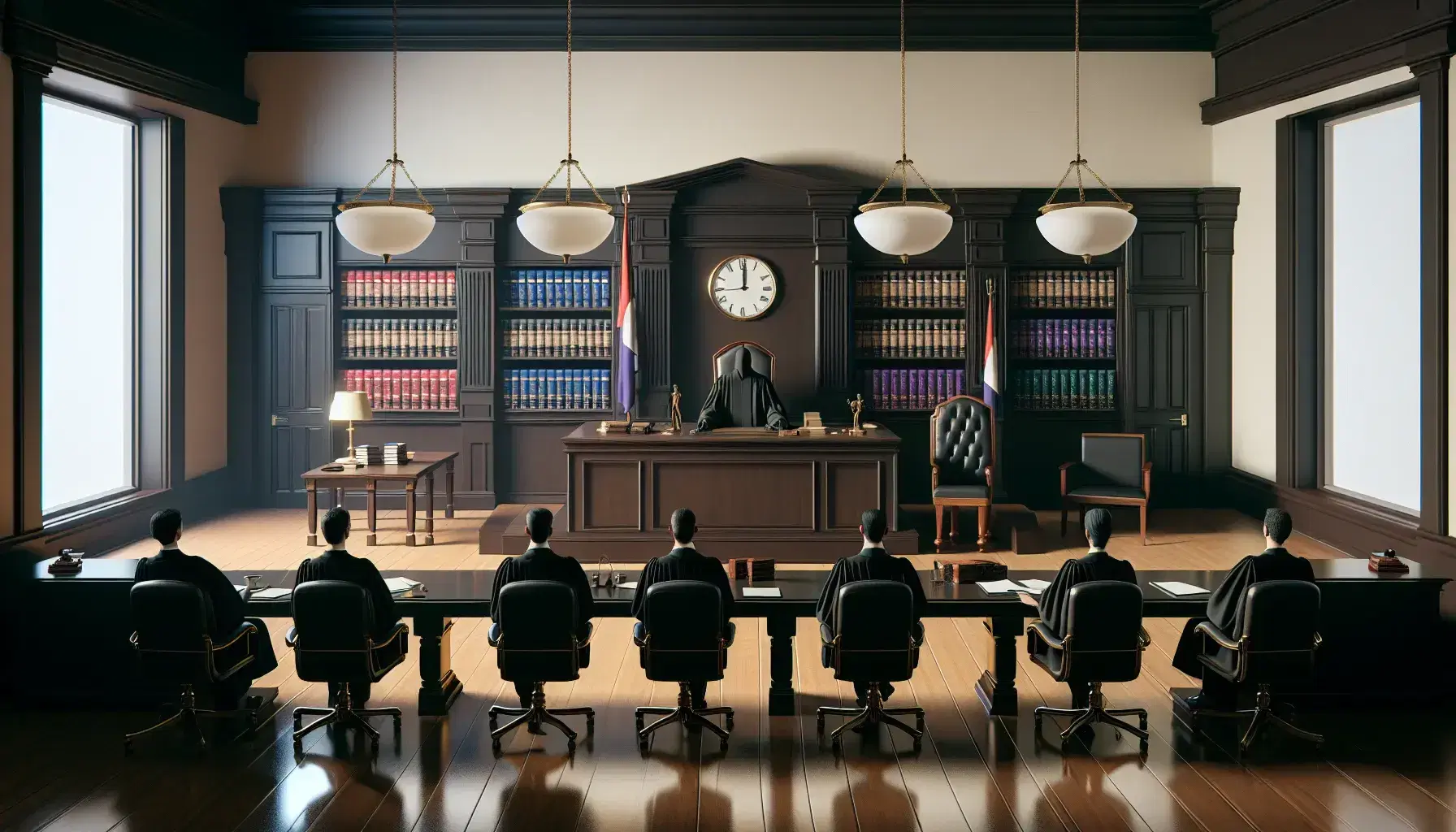 Sala de tribunal con mesa central para abogados, juez en estrado con banda púrpura, reloj dorado en pared y lámparas colgantes.