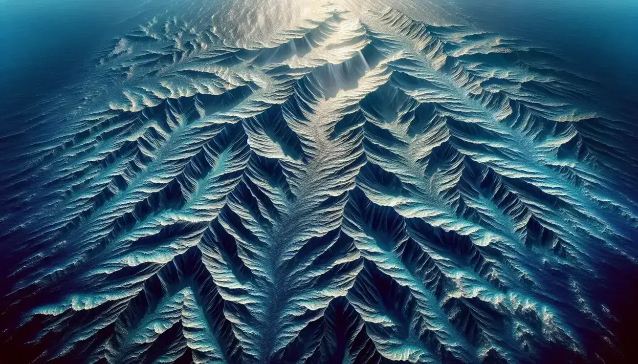 Vista aérea de la dorsal mesoatlántica submarina con relieve montañoso serpenteante y gradiente de azules que indican profundidad.