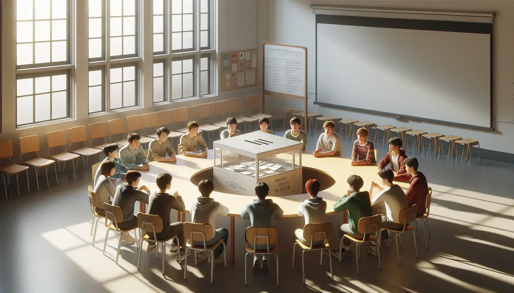 Estudiantes sentados en semicírculo alrededor de una mesa con una urna de sugerencias en el centro, discutiendo en una sala iluminada con luz natural.